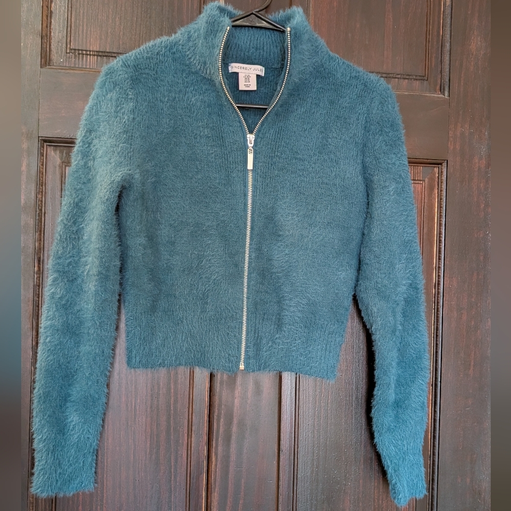 SOLD - Sincerely Jules Teal Fuzzy Zip Up Jacket
